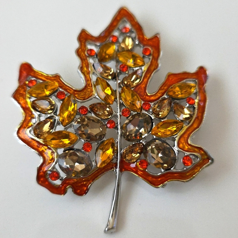 Maple Leaf Fall Brooch Bejeweled with Simulated Gems